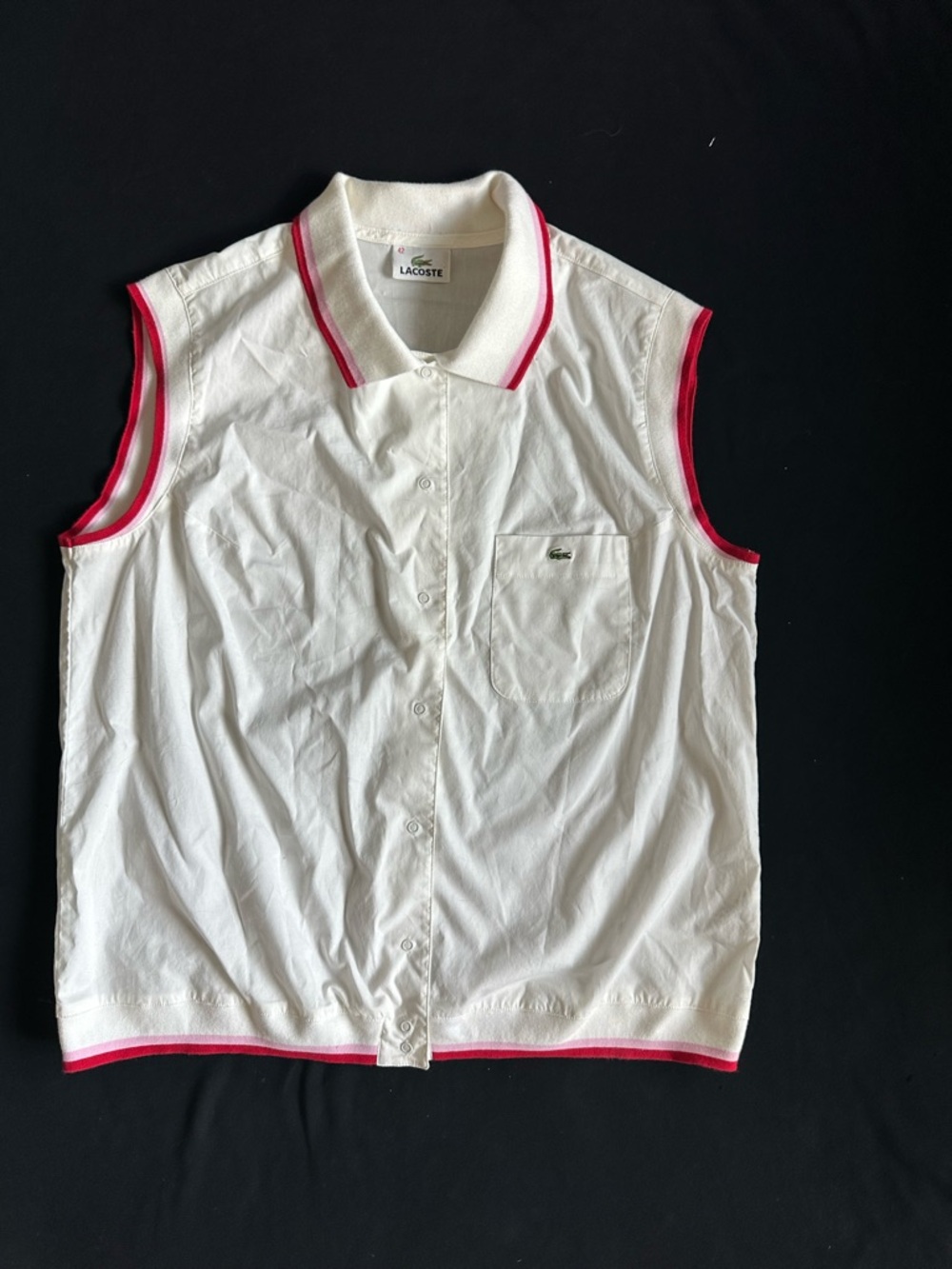 Vintage 90’s Lacoste White poplin Sleeveless snap -Front Polo with Pink Trim 10